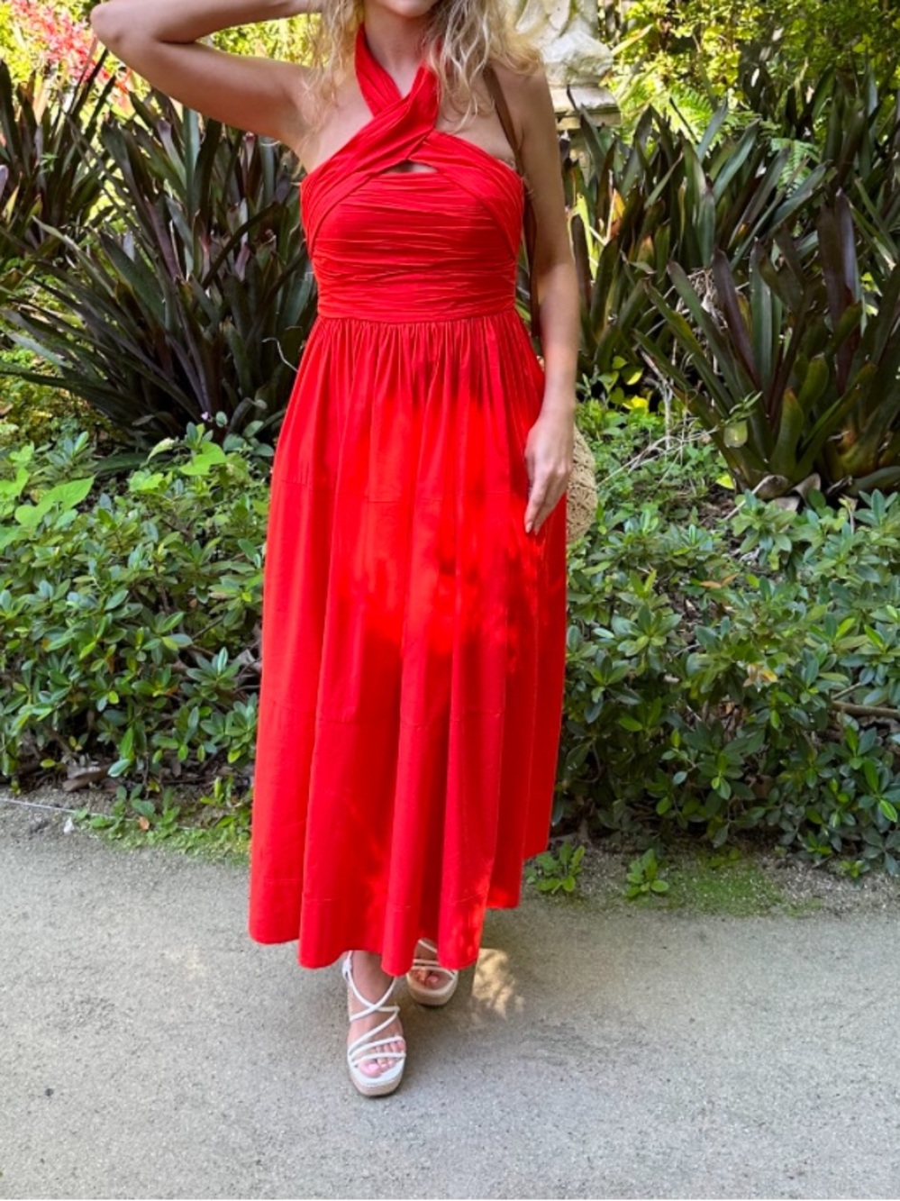 cinq a sept Orange Halter Midi Dress with Cross-Neck Bodice